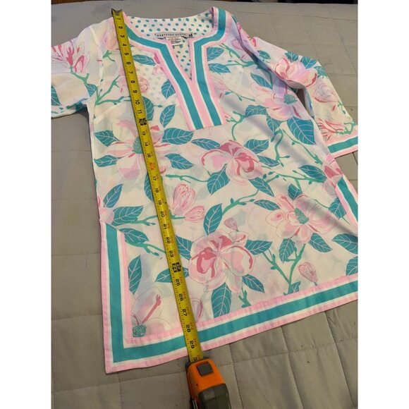 Gretchen Scott Women’s SZ M Tunic Top Pink Green Floral V Neck 3/4 Sleeve Cotton - Picture 4 of 12